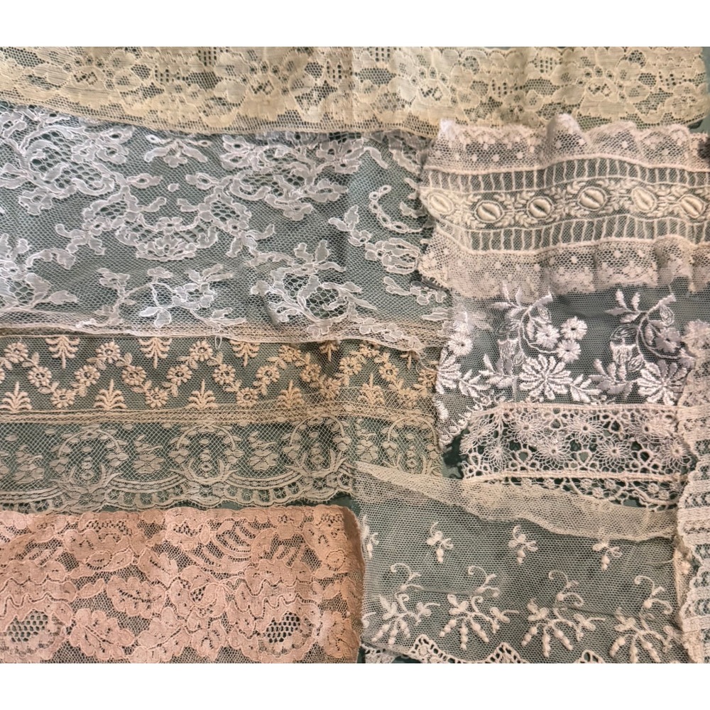 Vintage Antique Lace Remnants Lot Mixed Floral Embroidery Trim 2-10 Inch Pieces
